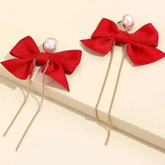 Accessories - New Fabric Bowknot Chain Design With Faux Pearl Red/Gold Tone Earrings